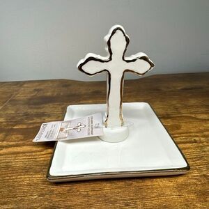 Kirklands Cross Ceramic Accessory Holder Trinket Dish White Glaze Gold Accents N